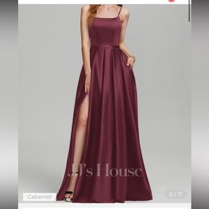 JJs House Cabernet Satin Bridesmaid Dress size 6 a-line with slit